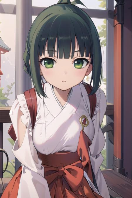 harutakimi, <lora:harutakimitest:1>, haru takimi, bangs, (green eyes:1.5), ponytail, green hair, blunt bangs, (medium breast:1.2)
BREAK skirt, japanese clothes, hakama, hakama skirt, miko, red hakama,
BREAK looking at viewer,
BREAK outdoors, shrine,
BREAK <lora:GoodHands-vanilla:1>, (masterpiece:1.2), best quality, high resolution, unity 8k wallpaper, (illustration:0.8), (beautiful detailed eyes:1.6), extremely detailed face, perfect lighting, extremely detailed CG, (perfect hands, perfect anatomy),