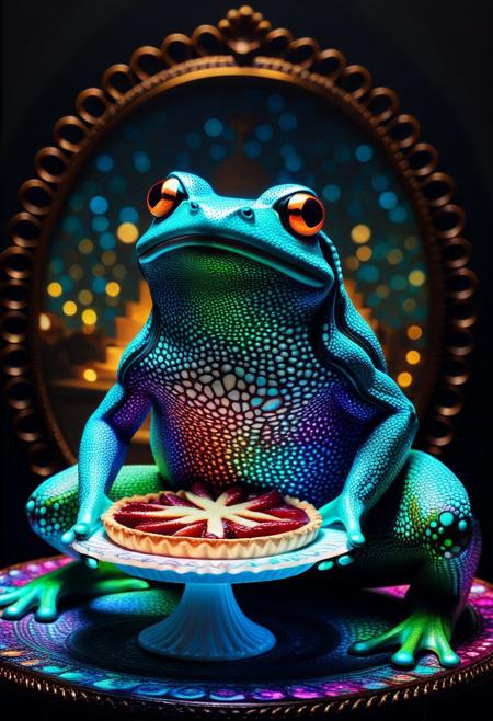 masterpiece, extremely detailed, sharp outlines, high contrast, fine details, intricate, photo of a RGB frog made of teeth holding a pie intricate background, filled with enchantment bokeh, inspiring, moody lights, neoclassical art style, made out of iridescent flower RGB