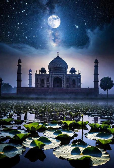 Stunning quality, artistic marvel, superior craftsmanship, hyper-realistic, ultra-high definition, depth of focus on the grandeur of Black Taj Mahal, surrounded by dark, silhouetted foliage, night setting, ghostly fog enveloping the base, glowing fireflies, detailed reflection in Yamuna River, mysterious and polished black marble, moon casting a soft glow, twinkling stars overhead, water droplets on lotus ponds after rainfall