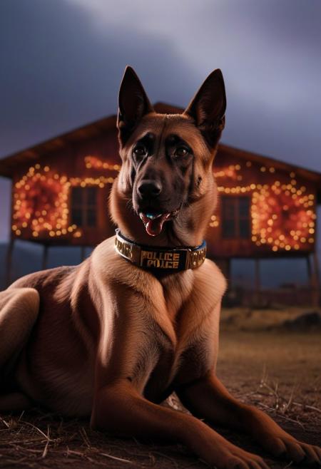 A photo-realistic ((extreme close-up)) of an (((Belgian Malinois POLICE DOG with a collar that says Max))) ((laying in front of an abandoned shack)) at ((twilight)) and astutely looking at camera, background are enormous snowcapped mountains, enshrouded in mist and mystery, showcases ((vibrant colors)) that pop against the dimming sky. The rusting metal frames of once-bustling rides stand silent and still, a stark contrast to the overgrown, tattered banners fluttering in the breeze Autumn breeze. This hyper realistic scene captures the melancholy beauty of a forgotten amusement park, bringing to life the essence of nostalgia and decay in vivid detail.  Cinematic film still, shot on v-raptor XL, film grain, vignette, color graded, post-processed, 35mm film, live-action, best quality, twilight, striking street lights, atmospheric, a masterpiece, epic, stunning