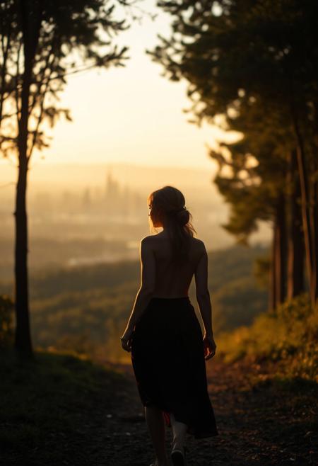 lone roguish female figure, walking away, glancing over shoulder, distant cityscape, transitioning from forest to urban environment, golden light of early morning or late afternoon, cinematic, journey progression, emotional warmth, subtle glance, candid, moment of doubt or hesitation, reflection on the journey, (forest in the background:1.2), city on the horizon, inviting introspection, natural light, dramatic lighting, depth of field, (captured naturally:1.2), (detailed background:1.3), (photorealism:1.4), 8k UHD, (blurry:-1.3), (lowres:-1.5), (ugly:-1.2), (mutated:-1.4), (worst quality:-1.4), (bad anatomy:-1.3), (cartoon:-1.1), (sketch:-1.1), (distorted proportions:-1.3), (extra limbs:-1.5), (cgi:-1.4), (extra characters:-1.5), (savanna:-1.4)