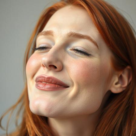 Beautiful redheaded woman with nostrils wide, face flushed, mouth slightly open, head tilted back a bit, eyes half closed, pleased, aroused, head shot