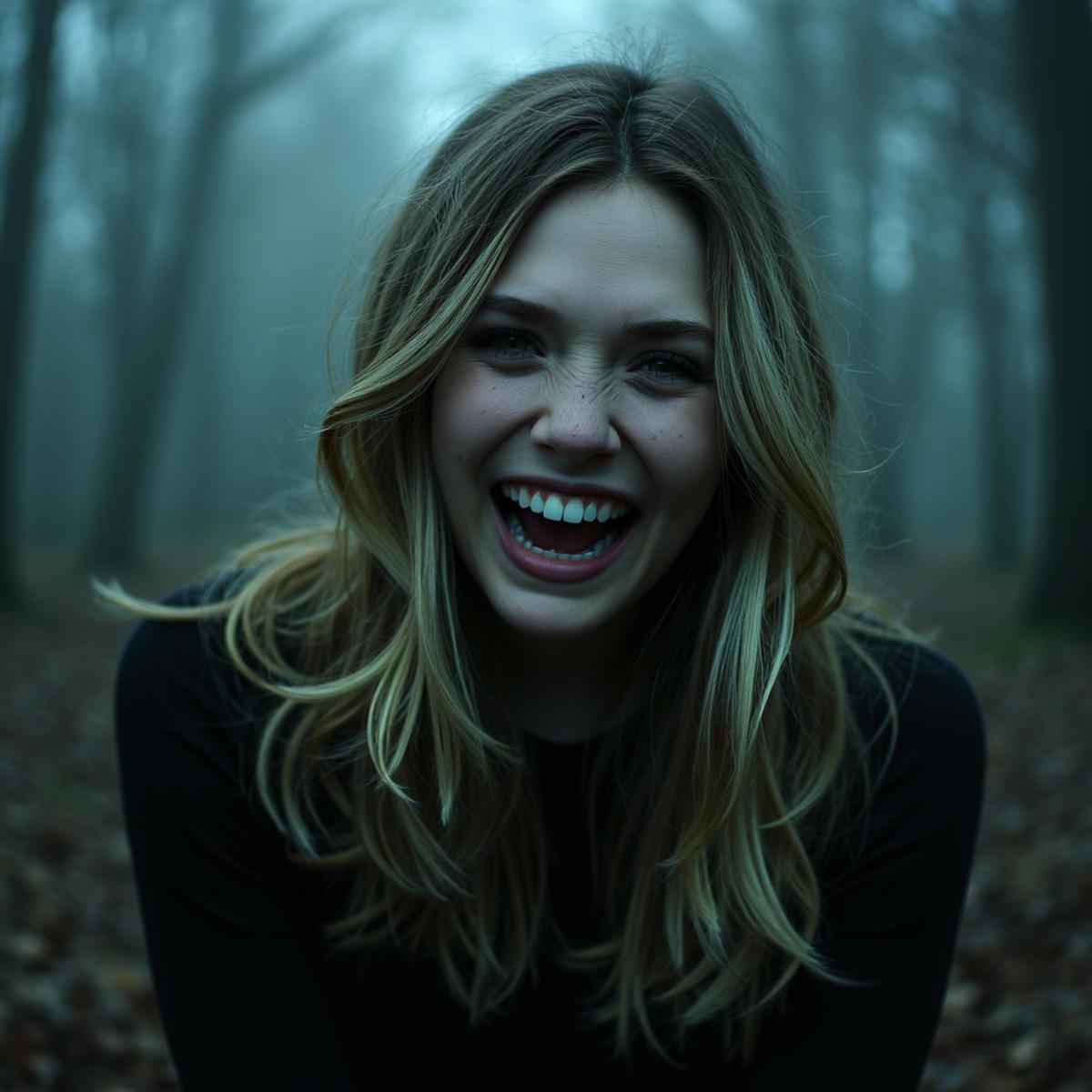 woman beggining to smile, looking at viewer, horror theme, dark spooky atmosphere, foggy, 