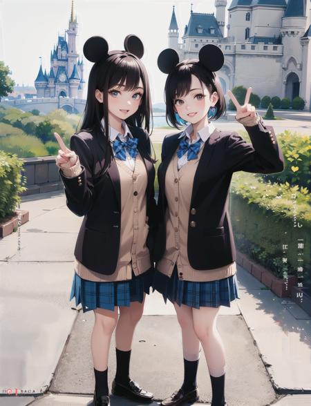 masterpiece, best quality,
full body,
((2 young girls standing together)),small breast,looking at viewer,laugh,peace sign,
<lora:jk fashion_v2:0.8>,jk fashion, cardigan,
day,in a disney land,Castle,mickey mouse,Rides, Parades,Fantasyland, Adventureland, Costumes, Souvenirs,