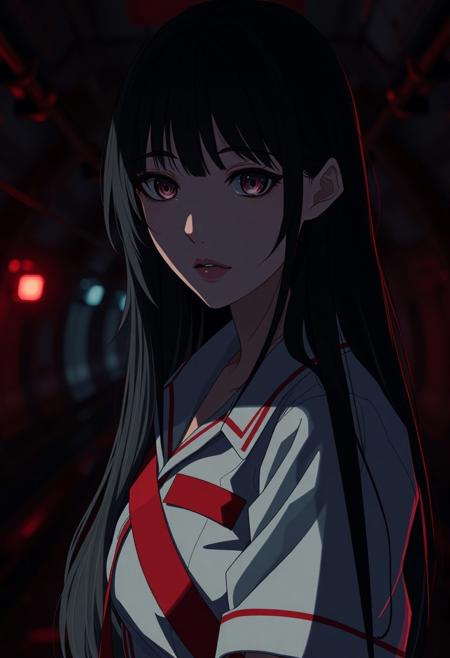 Dramatic chiaroscuro lighting in a cinematic portrait, Isekai anime style. a woman with long dark hair, soft gaze, and uniform with red ibbon, expressionless, look at viewer, tearing, shadow, cyberpunk tech underground tunnel background, red energency light blinking, Strong contrasts, deep shadows, film-like composition. masterpiece, best quality, absurd, HDR, high contrast, digital art, anime art, (soft lighting :1.2), soft skin, (detailed clothing:1.3), stunning visual, intricate design, (soft shadow:1.2), (soft lighting:1.2),