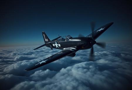 masterpiece, highres, best quality, high quality, highly detailed, upscale, clear image, sharp image, sharp focus, sharp lines, high definition, photograph, Vought F4U Corsair bf-109, flying over clouds, star filled sky, night sky