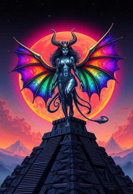 Beautiful female Demon, rainbow wings, on a ziggurat, with an orange and blue synthwave crescent moon background. Heavy metal style.