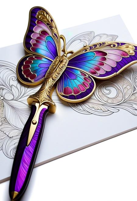 butterflyStyle,
purple butterflyStyle, 
A photograph depicts a close-up of a hand drawing a detailed, (a Art Nouveau knife morphing into iridescent butterfly wings) line sketch of a rifle on white paper. , holographic display with technicolor patterns, chrome metal plating transforming into delicate wing membranes, goldwork eggplant color theme, intricate pattern, detailed goldwork, Art Nouveau style, focus on knife, The hand, with medium skin tone, holds a metallic pencil. The rifle design includes a long barrel, a stock, and a visible magazine. The lines are clean and precise, indicating careful attention to detail. The background is out of focus, emphasizing the drawing.