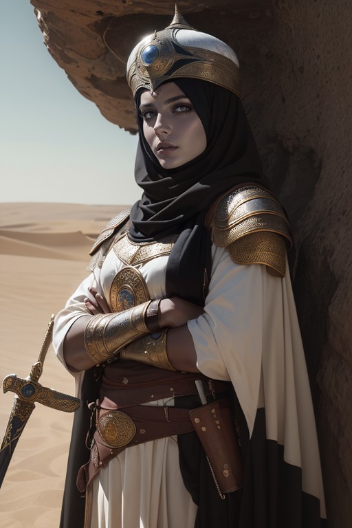 1girl, solo, photography, portrait of arabarmor girl with group of army in dune, shield, sword, realistic, absurdes, detai...