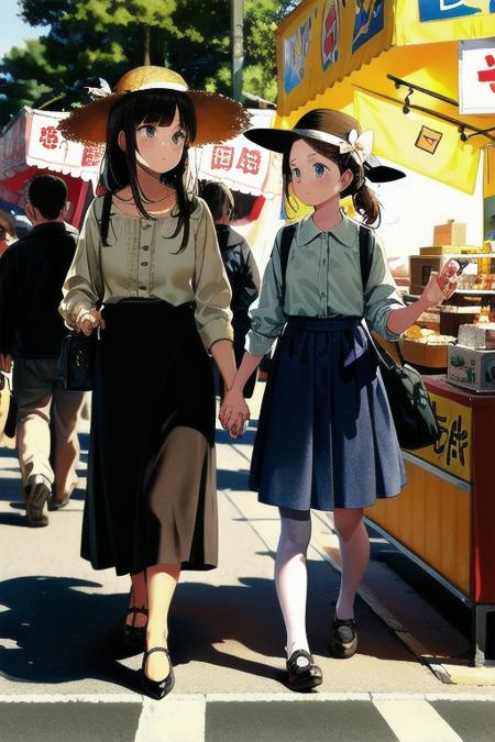 masterpiece, best quality, ultra-detailed, illustration,
omatsuri, food stand, multiple girls, tree, outdoors, bag, hat, skirt, handbag, road, street, walking, multiple boys, scenery, crowd, long skirt, pantyhose, day, long hair, real world location, black skirt, 6+boys, lantern, shirt, 6+girls, backpack, festival, food, photo background, pavement, crosswalk, paper lantern, lamppost, brown hair, white shirt, short hair, holding, sun hat, 
 <lora:omatsuri_V4_1.0_OUTD_Resize_DIM8:1>