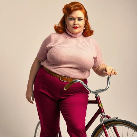 masterpiece portrait of young obese red-haired British woman::1.4, 1950s fashion photography style::1.2, cinematic realism art::1.1
(physical description: full body shot, soft and rounded physique, dynamic presence, expressive features, fair skin, red hair styled in a mid-century coiffure:1.1)
(facial features, expression: confident gaze, poised expression with a hint of allure, classic makeup with defined brows and lips:1.0)
(clothing details: ribbed short-sleeved turtleneck sweater in pastel pink (#ff94e6), dark cigarette pants in deep fuchsia (#ff76a0), cinched waist with a decorative wide belt, open-toed textured heels in citrus green (#d6ff7e):1.0)
(accessories: vintage earrings or subtle period-appropriate jewelry, walking with a bicycle:0.9)
(background setting: plain, light-colored studio backdrop emphasizing the subject (chromatic tone matched to soft vintage photography):0.9)
(lighting style: classic 1950s portrait lighting with soft shadows and subtle glow, studio flash with diffusion:0.8)
(composition and camera framing: full body centered composition, slight angle from below to enhance glamour and stature:1.0)
(emotional tone or theme: vintage elegance with a bold feminine presence, echoes of classic Hollywood allure:0.9)
(technical execution: vibrant yet balanced color saturation using palette #ff94e6, #ff76a0, #d6ff7e, #c3fb00, #9dfb00, medium format photo realism:0.8)