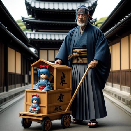 kimono wooden cart pushcart box haori geta mustache sash ground vehicle