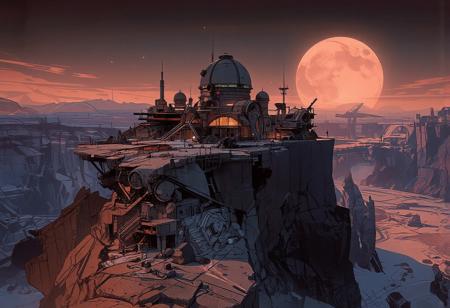 Aerial view, looking down upon Mars' Great Scar—an immense canyon. A scientific research station, almost a futuristic city, stands on its edge. Large boulders and small rocky spurs are scattered throughout the terrain. The city is perched atop a massive rocky outcrop, overlooking the vast canyon, a barren desert valley. Its architecture is sleek and harmonious, made of glass and steel. A grand building with a colossal astronomical observatory dome towers over the other structures.
Multiple platforms host residential and research facilities, with scattered lights, intricate staircases, and antennas spread throughout. The city is surrounded by a vast expanse of frozen rock. At the base of the outcrop, a dozen smaller research domes, pipelines, conduits, and massive extraction machines fill the foreground, where activity is bustling across the plain. In the distance, a glacier stretches across the frozen expanse, not far from a spaceport.
The sky is intensely illuminated as the sun sets, casting an orange glow over the icy blue city. The air is frigid, with ice crystals drifting in the wind, lifting snow and dust just above the ground.
