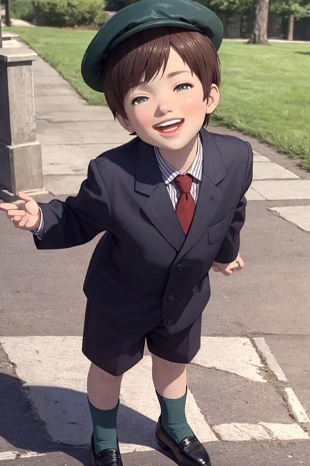 brown hair, (blue jacket:1.3), necktie, blue shorts, green striped socks, black shoes, multicolored clothes, multicolored legwear, big smile, teeth, blue eyes, forehead, (open mouth:0.3)