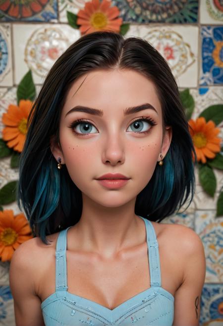 highly detailed, film grain, volumetric lighting,
A woman with green and blue hair, dark roots, and visible brown hair underneath looks directly at the viewer. She has fair skin, brown eyes, and dark eyebrows. She has a silver hoop earring in her left ear, two small silver studs near her left eye, and a silver ring and stud in her nose. Her lips are a natural pink color. She has several tattoos visible on her body, including a large orange flower with black outlines and green leaves on her left collarbone, a mandala-style tattoo below the flower, and an owl tattoo on her left upper arm. She also has tattoos on her hands, including letters and symbols on her fingers and the back of her hands. She is wearing a black lace top that is pulled down to expose her shoulders and chest. The background features a wall with blue and white patterned tiles on the left and a darker, less defined area on the right.




  
















  

