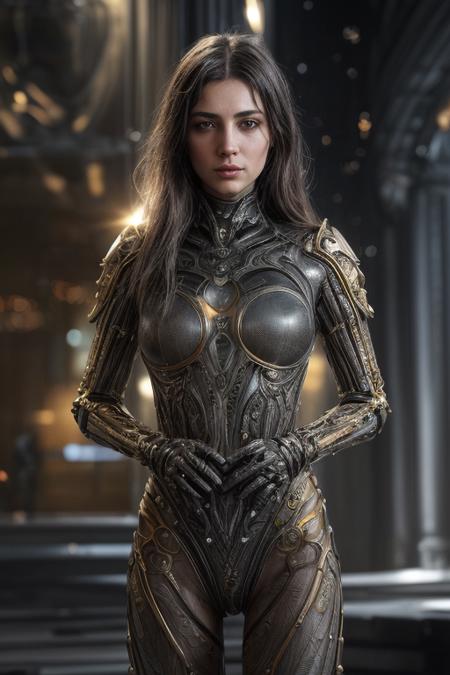 Raw Photo of planetary explorer of harsh alien worlds, wearing transparent, ((translucent), gold filigree biomechanical suit, gold filigree gloves, ((light bokeh)), intricate, elegant, sharp focus, soft lighting, vibrant colors, masterpiece, detailed face, intricate details, cinematic shot on Nikon z9 mirrorless camera, ultra realistic, (art by Darek Zabrocki and Giger and Cedric Peyravernay),  (detailed exterior sci-fi environment :1.4), Dystopian, photorealistic, epic, highly detailed eyes, eyes are identical and symmetrical  <lora:more_details:0.9> ((eye contact)), looking at viewer