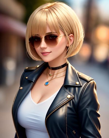 4K, Masterpiece, highres, absurdres,natural volumetric lighting and best shadows, deep depth of field, sharp focus, smiling,soft delicate beautiful attractive face,
blonde Nadia with sunglasses and a choker, leather jacket, miniskirt,
with an edgBobCut hair posing for a picture in a dress, blunt bangs,short hair,
cowboy shot, <lora:edgBobCut:1> <lora:Nadia:0.3>