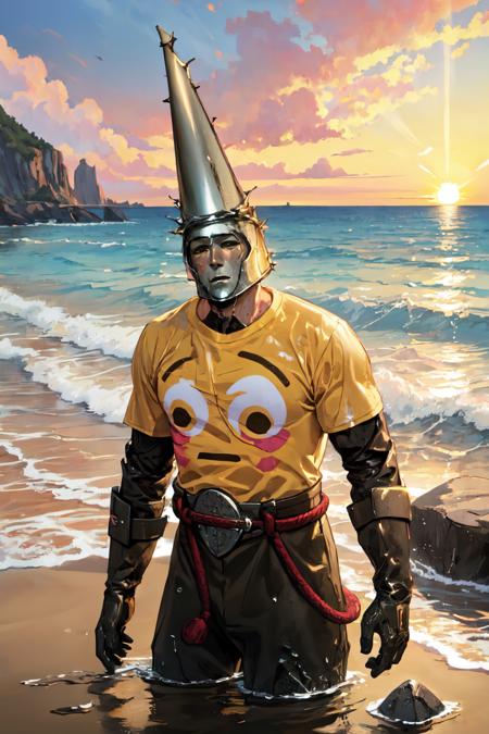 masterpiece, (detailed, highres, best quality), 1boy <lora:sppenitentOne-08:1>, penitentonedef, helmet, stone face, faceless, <lora:FlushedEmojiShirt:1> IncrsEmojiShirt, yellow shirt, beach, sunset, water, wet