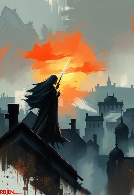 A ghostly assassin leaping from the rooftops of a mist-covered medieval city, her dagger catching the last light of dusk, abstract landscapes, bold brushstrokes, vibrant color contrasts, dynamic movement, layered textures, emotional expression, modern impressionism, atmospheric depth, nature-inspired, fluid composition.