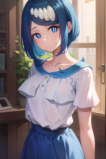 pokemonmotherlana, <lyco:pokemonmotherlana-lyco-nochekaiser:1>,
pokemonmotherlana, blue eyes, blue hair, freckles, hair ornament, long hair, swept bangs, (bright pupils:1.5),
BREAK blouse, blue skirt, bracelet, collarbone, dress, jewelry, long skirt, shirt, short sleeves, skirt, white shirt,
BREAK looking at viewer, full body, (cowboy shot:1.5),
BREAK indoors,
BREAK <lyco:GoodHands-beta2:1>, (masterpiece:1.2), best quality, high resolution, unity 8k wallpaper, (illustration:0.8), (beautiful detailed eyes:1.6), extremely detailed face, perfect lighting, extremely detailed CG, (perfect hands, perfect anatomy),