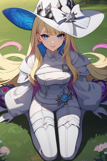 diabellze, very long hair, streaked hair, multicolored hair white witch hat, white jacket, belt, white gloves, sleeves past wrists, white pants, thigh boots