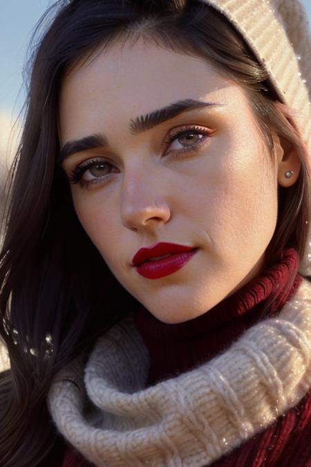 photo of a woman, jenniferc, ((dark brown hair)), ((turtleneck sweater, scarf, short hair):1.1), ((closeup, portrait)),((outdoors, snow)), ((red lipstick, makeup)), (serious), ((best quality, masterpiece, extreme details, high resolution):1.2),((detailed eyes, beautiful eyes, detailed face, beautiful face):1.2)