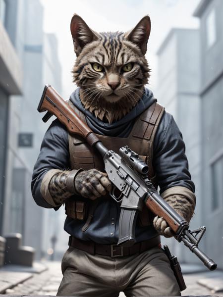 a cat bankrobber is holding an ak47 storming towards the viewer, detailed, realistic, 8k uhd, high quality