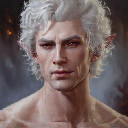 sexy  nude young muscular man, curly white hair, vampire, elf, handsome  man,  astationxl, <lora:astationxl:0.85>, oil painting , (painting:1.5)