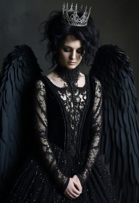 This is a highly detailed, dark, and gothic-themed photograph capturing a striking, androgynous figure with a blend of human and angelic features. The subject, likely a trans or gender-nonconforming person, stands with a melancholic expression, their gaze directed downward. They have a slender, athletic build with small to medium-sized breasts, and their skin appears pale and ethereal in the dim lighting. Their wavy hair cascades around them, styled in an otherworldly, unkempt manner.
They are adorned with intricate, dark, almost black wings that resemble those of a fallen angel, with feathers detailed in a fine, textured way that catches the soft, shadowy light. A delicate, ornate crown made of dark, possibly blackened, metal adorns their head, adorned with small, glowing orbs that hint at an ethereal presence.
The figure wears an elaborate, dark, flowing gown that appears to be made of a material that blends dark velvet and a shimmering, possibly metallic fabric, with intricate, ornate patterns that evoke a sense of gothic decadence. The gown drapes dramatically, revealing an ethereal, almost ghostly quality.