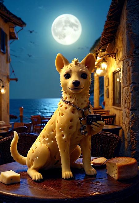 Charming seaside cafe at midnight under a full moon, enchanting atmosphere, 3D render, cream and brown hyena made of cheese carrying a cellphone adorned with an abundance of charms and keychains, beautifully lit, detailed textures, whimsical, inviting ambiance. 
volumetric, dramatic lighting, best quality,  masterpiece, fantasy, beautiful, painterly, detailed, textural, artistic, aesthetic, intricate details, highly detailed, ultra-detailed, absurdres, unreal engine, octane rendering, high saturation, high contrast, vivid, vibrant, volumetric lighting, sharp focus, 
aid291, midjourneyv6.1, 
Cheese style