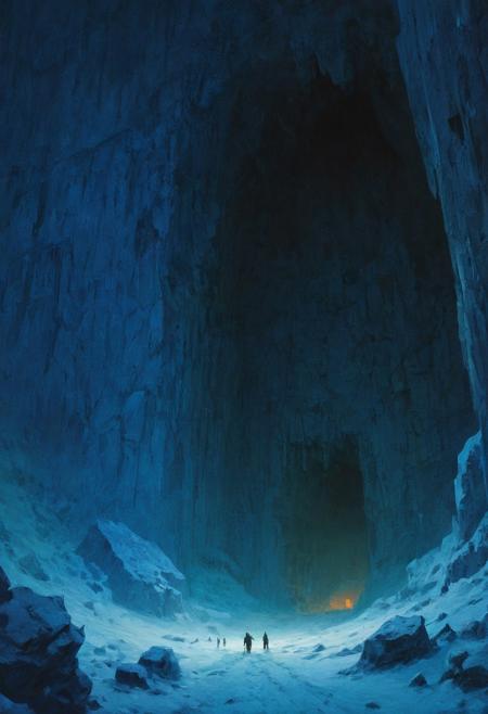 digital artwork by Beksinski, cave, blue theme, scenery, dramatic, night, snow, north pole, monumental, sinister, evil