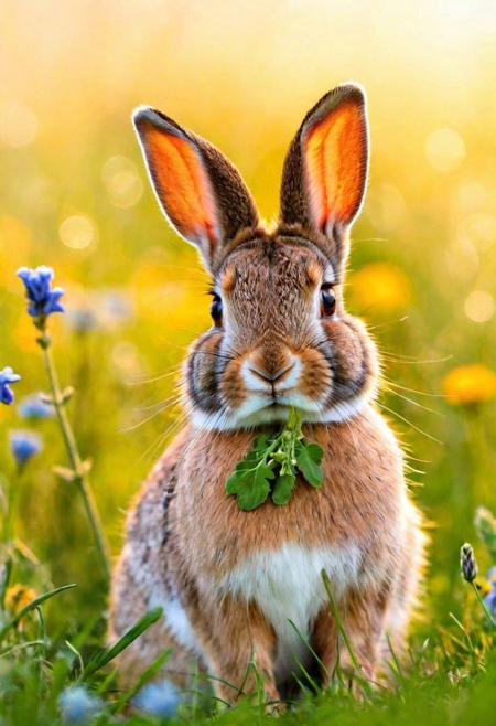Exquisite quality, visual masterpiece, top-tier resolution, ultra-detailed, UHD sharpness, depth of scenery, rabbit, nestled in spring meadow, early morning, vibrant nature, soft morning haze, surrounding wildflowers, fluffy and textured fur, adjacent, sunbeam through morning mist, sparkling, (gentle sunlight:1.2), dewdrops on grass and fur.
