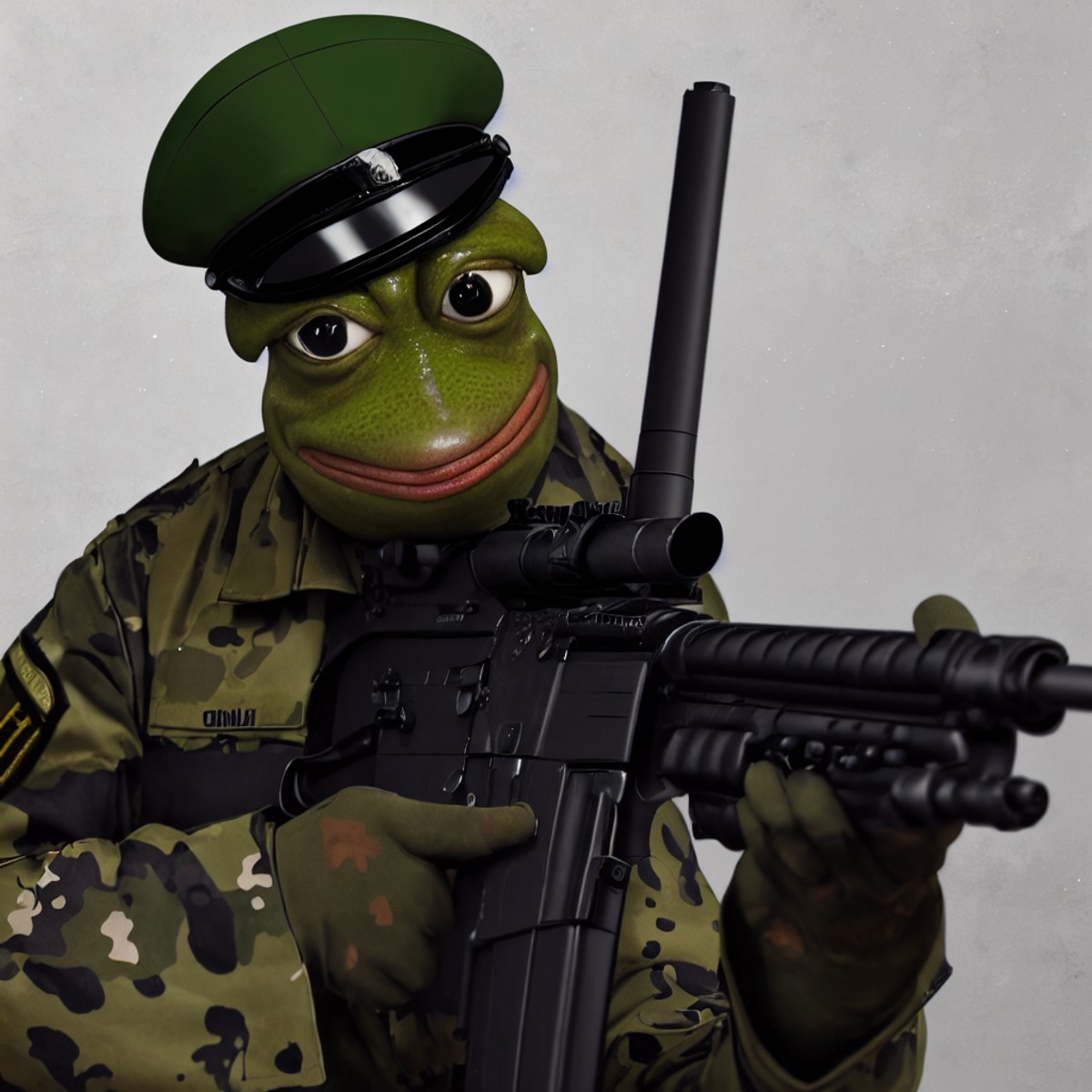 realistic PepeFrog dressed in a military uniform holding an assualt rifle <lora:PepeFrog:0.7>