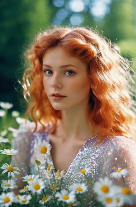 cinematic photo prismatic fairy girl,in Marguerite daisy garden environment + bokeh + polychromatic hues + crisp + clear ,Linnea from Sweden,copper  crimped hair hair,leogirl . 35mm photograph, film, bokeh, professional, 4k, highly detailed