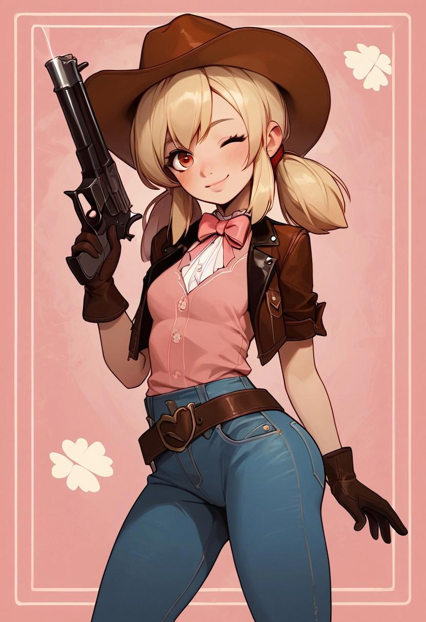 score_9, score_8_up, score_7_up, 1girl, klee,  cute cowboy, looking at viewer,petite small body, round ass, medium waist, cowboy hat, aged cute leather jacket, pink shirt, cute cowboy bowtie, leather gloves, cowboy boots, gun holder, cute jeans, aiming cute revolver, extra small breasts, cute wink, wild west, wild west saloon background,