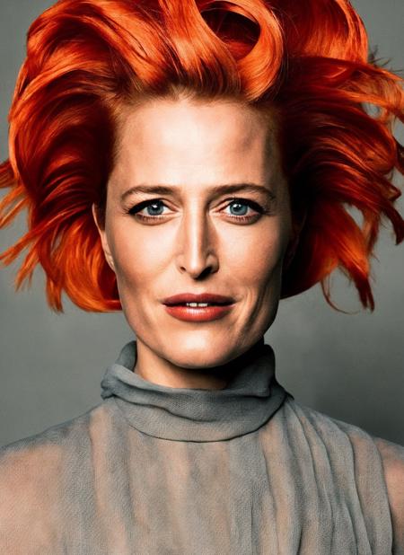 <lora:lora_gillian_anderson:1>, portrait of ((sks woman)) by Flora Borsi, style by Flora Borsi, bold, bright colours, orange Mohawk haircut, ((Flora Borsi))