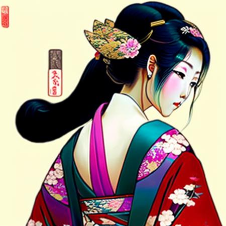 A beautiful japanese girl with hair hair ornament,  wearing a kimono with large breasts, estiloventidois