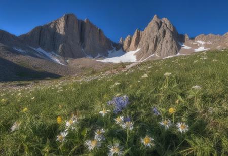 World's most beautiful rocky mountains during spring, 
fresh greenery on craggy cliffs, 
melting snow caps against a clear blue sky, 
scattered wildflowers in the foreground, 
location in unknown mountain range, 
morning sun casting long shadows, 
composition with leading lines directing to the majestic peaks, 
HDR photography, 
ultra-realistic, 
vivid colors, 
golden ratio.
