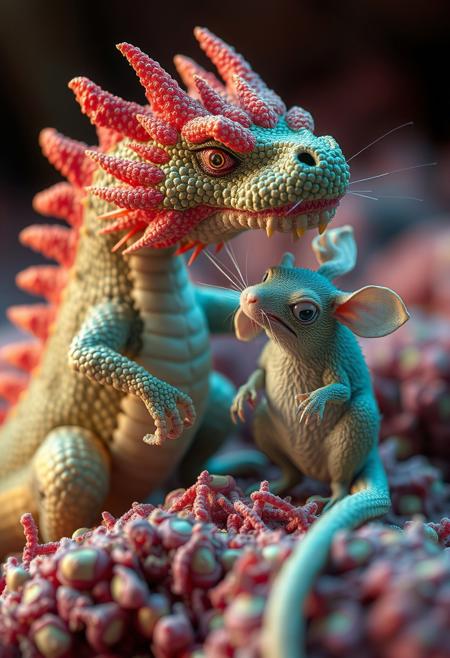surreal VFX, nano-dragon and nano-rat best friends for life seen under an electron scanning microscope, with details, vivid colors