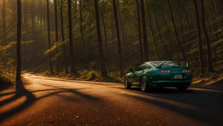 back side photo of green mk4Supra driving on curvy road in a luscious pine forest fog at sunrise, high quality photo, lens flare, bokeh, 8k resolution, gobo lights, warm ambient light, volumetric light, neon lights, depth of field, analog, foggy atmosphere,  lens flares, light bloom, portra 800 film, <lora:Mk4Supra-000007:.6>, <lora:analogdiffusion_Lora300:.2>