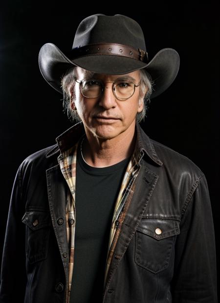 ld1, one man, 1man, solo, glasses, wearing "Cowboy hat, plaid shirt, fringed jacket, leather chaps, cowboy boots"
, epic (photo, studio lighting, hard light, sony a7, 50 mm, matte skin, pores, colors, hyperdetailed, hyperrealistic), (simple black background)
<lora:LarryDavid:.89>