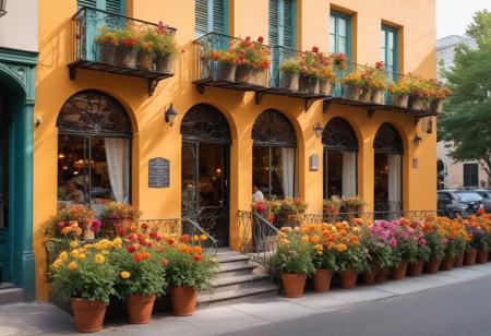 A sun-drenched city street is lined with eclectic sidewalk cafes, their unique decor adding splashes of color. Flower boxes, filled with vibrant blooms, adorn wrought-iron railings. A nearby gelateria showcases a rainbow of flavors, their hues bright under the soft lighting. As the day wanes, the scene transforms, bathed in the enchanting glow of the setting sun.