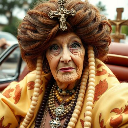 A Fringe Religious leader, She looks like an old (very, very elderly) decrepit movie star from the 1930's that should have faded into obscurity, Mu-Mu's, huge brown wigs, eyelashes you could cut frozen meat with, and a gallon of mascara every three hours. And the jewelry! She is driven around in a immense private car from the 70's with a massive fiberglass crucifix on the top, and scenes from her made up 'religion' on the side of the car. I'm not sure that she isn't a he...