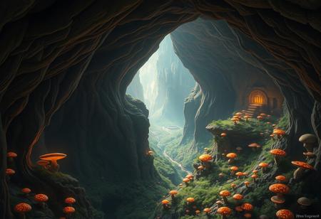 viev from above, masterpiece, raytracing, dnd style,
Great cave, cave stretches far away, ((three level cave)), dips down in cave levels, stone ceiling, luminous crystals , (mushroom forest:1.5), mushroom thickets, mushroom jungle, some mushroom glowing,
(small mushrooms village in far part of cave:1.2),