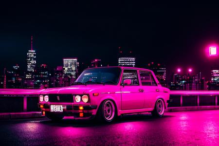 analog style,(((JDM))), A black car drifting on the streets of tokyo at night :: pink sunset and city in the background,Luxyry style,Hyperdetailed, Ultra realistic, cinematic, Neon lighting, Unreal engine, RTX, (VAZ2106),  <lora:VAZ2106:0.8>