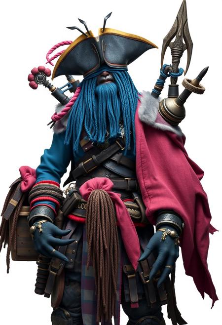 Death Stranding art-style, full body photo of A pirate member of the Aquafins tribe, their appearance with influences from their developing technology (Level 2). They wear attire colored in Ocean Blue and Coral Pink (hex: #1E90FF, #FF7F50), reflecting the tribe's aesthetic. Their equipment and accessories highlight the tribe's aquatic abilities, with tools and attire designed for underwater us, white background, looking at the viewer, centered, 8k resolution, trending on ArtStation