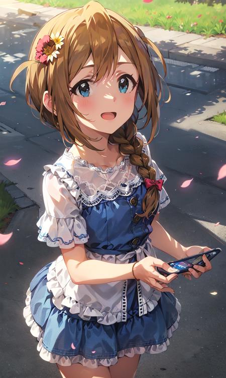 konomi baba \(million live\),(best quality, 8K, masterpiece, ultra detailed:1.2), single braid, side braid, hair over shoulder, hair flower on braid,
1girl,solo,shiny skin,shadow,cinematic lighting,detailed background,wide shot,
clear sky,blue sky,day,dappled sunlight,wind,outdoors,standing,happy,cute,
street,petals,