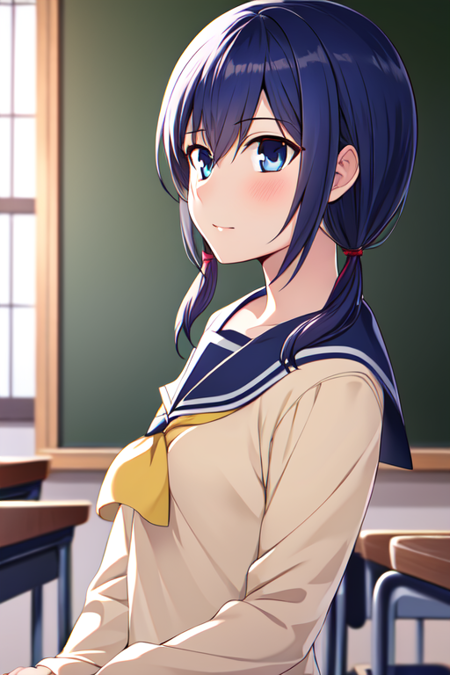 (masterpiece), (best quality, high quality:1.4), upper body, classroom, 1girl, solo focus, twintails, blue hair, medium breasts, school uniform, serafuku, AyumiCP