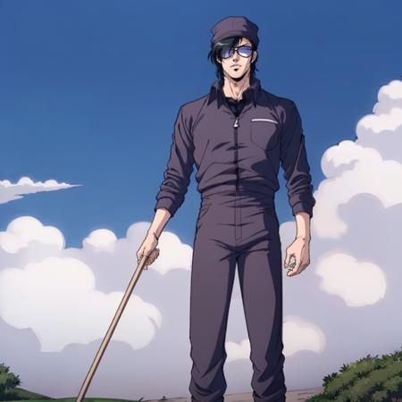 masterpiece,high quality,solo,outdoors,
<lora:koichiroota001:0.7>,
koichiroota,1man,
short hair,black hair,bangs,hair over one eye,v-shaped eyebrows,
sunglasses,
hat,
jumpsuit,shirt,jacket,
cane,stick,
pants,