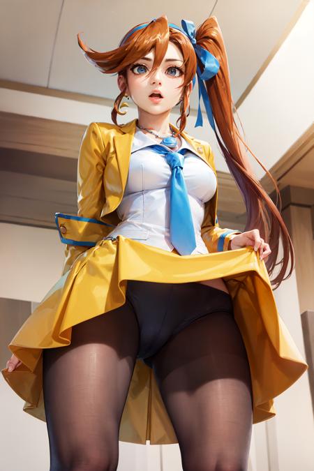 (masterpiece, best quality:1.2), <lora:aa_cykes-10:0.8>, from below, solo, 1girl, athena cykes, \:o, lifted by self, skirt lift, orange hair, open clothes, yellow jacket, collared shirt, blue necktie, yellow skirt, pantyhose, single earring, crescent earrings